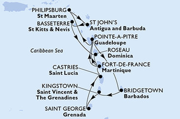 Martinik, Guadeloupe, Svatý Martin, Antigua a Barbuda, Svatý Kryštof a Nevis, Dominika, Barbados, Svatý Vincenc a Grenadiny, Grenada, Svatá Lucie z Fort-de-France na lodi MSC Seaview