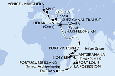 Itálie, Chorvatsko, Řecko, Egypt, Jordánsko, Seychely, Madagaskar, Mauricius, Reunion, Jihoafrická republika, Mosambik z Marghery na lodi MSC Armonia