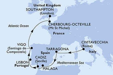 Itálie, Španělsko, Portugalsko, Francie, Velká Británie z Civitavecchia na lodi MSC Meraviglia