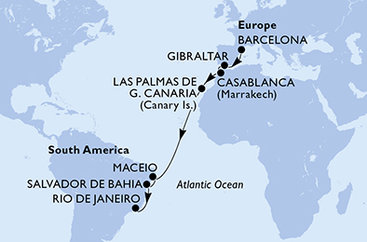 Španělsko, Velká Británie, Maroko, Brazílie z Barcelony na lodi MSC Splendida
