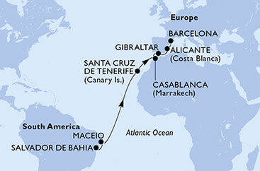 Brazílie, Španělsko, Maroko, Velká Británie ze Salvadoru na lodi MSC Divina