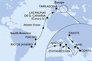 Brazílie, Španělsko, Francie, Itálie, Řecko z Rio de Janeira na lodi MSC Splendida
