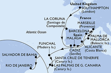 Velká Británie, Španělsko, Francie, Portugalsko, Brazílie ze Southamptonu na lodi MSC Virtuosa Velká Británie, Španělsko, Francie, Portugalsko, Brazílie ze Southamptonu na lodi MSC Virtuosa