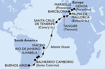 Argentina, Brazílie, Španělsko, Maroko, Francie, Itálie z Buenos Aires na lodi MSC Fantasia