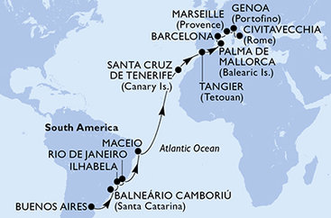 Argentina, Brazílie, Španělsko, Maroko, Francie, Itálie z Buenos Aires na lodi MSC Fantasia