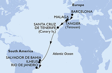 Španělsko, Maroko, Brazílie z Barcelony na lodi MSC Lirica