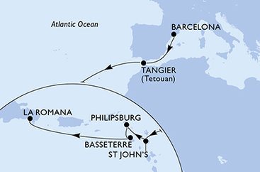 Španělsko, Maroko, Antigua a Barbuda, Svatý Martin, Svatý Kryštof a Nevis, Dominikánská republika z Barcelony na lodi MSC Opera