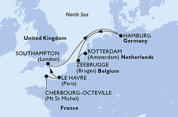 Francie, Velká Británie, Německo, Belgie, Nizozemsko Cherbourgu na lodi MSC Preziosa