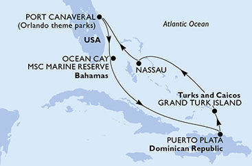 USA, Bahamy, Dominikánská republika, Zámořské území Velké Británie z Port Canaveralu na lodi MSC World Atlantic