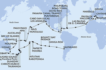 Chile, Zámořské území Velké Británie, Francouzská Polynésie, Cookovy ostrovy, Nový Zéland, Austrálie, Nová Kaledonie, Vanuatu, Samoa, Americká Samoa, USA, Mexiko, Kostarika, Panama, Jamajka, Britské Panenské ostrovy, Svatý Martin, Španělsko, Itálie, Francie z Valparaisa na lodi MSC Magnifica