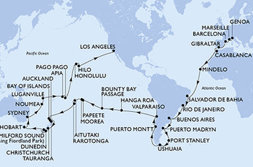 Itálie, Francie, Španělsko, Velká Británie, Maroko, Kapverdy, Brazílie, Argentina, Zámořské území Velké Británie, Chile, Francouzská Polynésie, Cookovy ostrovy, Nový Zéland, Austrálie, Nová Kaledonie, Vanuatu, Samoa, Americká Samoa, USA z Janova na lodi MSC Magnifica