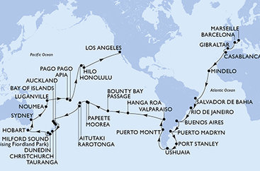 Francie, Španělsko, Velká Británie, Maroko, Kapverdy, Brazílie, Argentina, Zámořské území Velké Británie, Chile, Francouzská Polynésie, Cookovy ostrovy, Nový Zéland, Austrálie, Nová Kaledonie, Vanuatu, Samoa, Americká Samoa, USA z Marseille na lodi MSC Magnifica