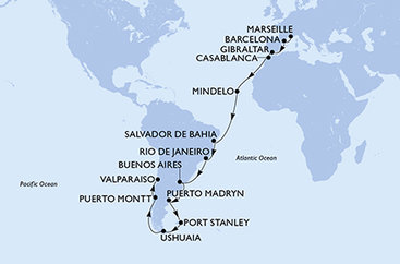 Francie, Španělsko, Velká Británie, Maroko, Kapverdy, Brazílie, Argentina, Zámořské území Velké Británie, Chile z Marseille na lodi MSC Magnifica