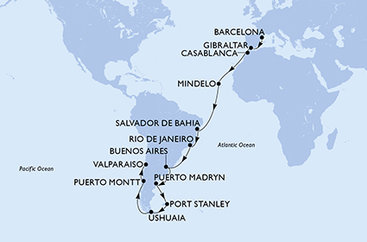 Španělsko, Velká Británie, Maroko, Kapverdy, Brazílie, Argentina, Zámořské území Velké Británie, Chile z Barcelony na lodi MSC Magnifica