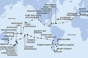 Argentina, Zámořské území Velké Británie, Chile, Francouzská Polynésie, Cookovy ostrovy, Nový Zéland, Austrálie, Nová Kaledonie, Vanuatu, Samoa, Americká Samoa, USA, Mexiko, Kostarika, Panama, Jamajka, Britské Panenské ostrovy, Svatý Martin, Španělsko, Itálie z Buenos Aires na lodi MSC Magnifica