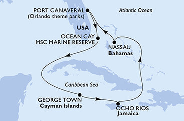 USA, Bahamy, Kajmanské ostrovy, Jamajka z Port Canaveralu na lodi MSC Grandiosa