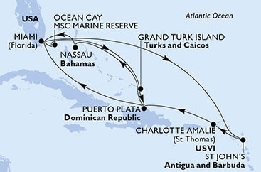 USA, Bahamy, Zámořské území Velké Británie, Dominikánská republika, Antigua a Barbuda z Miami na lodi MSC Seashore