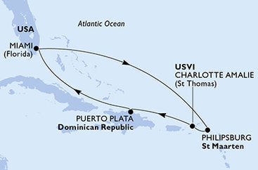 USA, Svatý Martin, Dominikánská republika z Miami na lodi MSC Seashore