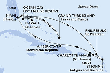 USA, Svatý Martin, Antigua a Barbuda, Dominikánská republika, Zámořské území Velké Británie, Bahamy z Miami na lodi MSC Seashore