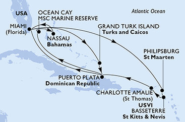 USA, Svatý Martin, Svatý Kryštof a Nevis, Dominikánská republika, Zámořské území Velké Británie, Bahamy z Miami na lodi MSC Seashore