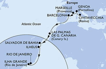Itálie, Francie, Španělsko, Brazílie z Civitavecchia na lodi MSC Divina