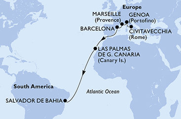 Itálie, Francie, Španělsko, Brazílie z Civitavecchia na lodi MSC Divina