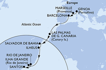 Itálie, Francie, Španělsko, Brazílie z Janova na lodi MSC Divina