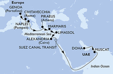 Itálie, Řecko, Turecko, Kypr, Egypt, Omán, Katar z Janova na lodi MSC World Europa