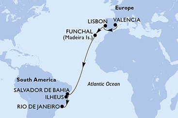 Španělsko, Portugalsko, Brazílie z Valencie na lodi MSC Musica