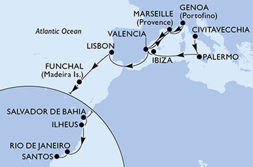Itálie, Španělsko, Francie, Portugalsko, Brazílie z Civitavecchia na lodi MSC Musica