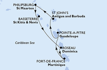 Martinik, Guadeloupe, Antigua a Barbuda, Svatý Martin, Svatý Kryštof a Nevis, Dominika z Fort-de-France na lodi MSC Meraviglia
