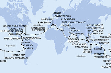 Itálie, Francie, Španělsko, Zámořské území Velké Británie, Bahamy, Mexiko, Kostarika, Panama, Ekvádor, Peru, Chile, Francouzská Polynésie, Tonga, Nová Kaledonie, Nový Zéland, , Austrálie, Indonésie, Vietnam, Thajsko, Kambodža, Singapur, Malajsie, Srí Lanka, Indie, Spojené arabské emiráty, Omán, Jordánsko, Egypt z Civitavecchia na lodi MSC Magnifica