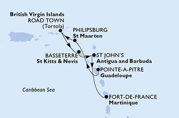 Guadeloupe, Svatý Martin, Britské Panenské ostrovy, Svatý Kryštof a Nevis, Antigua a Barbuda, Martinik z Pointe-à-Pitre na lodi MSC Virtuosa
