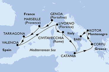 Itálie, Francie, Španělsko, Řecko, Černá Hora z Janova na lodi MSC Orchestra