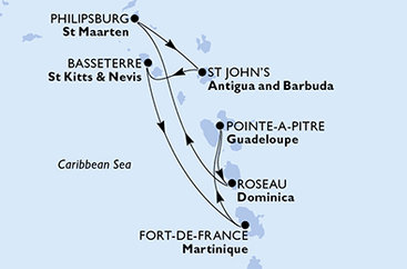 Martinik, Guadeloupe, Dominika, Svatý Martin, Antigua a Barbuda, Svatý Kryštof a Nevis z Fort-de-France na lodi MSC Meraviglia