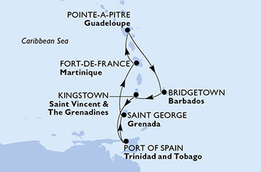 Martinik, Guadeloupe, Barbados, Svatý Vincenc a Grenadiny, Trinidad a Tobago, Grenada z Fort-de-France na lodi MSC Meraviglia
