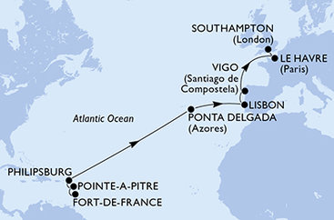 Martinik, Guadeloupe, Svatý Martin, Portugalsko, Španělsko, Francie, Velká Británie z Fort-de-France na lodi MSC Meraviglia