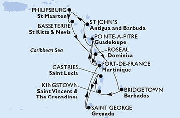 Martinik, Guadeloupe, Antigua a Barbuda, Svatý Martin, Svatý Kryštof a Nevis, Dominika, Barbados, Svatý Vincenc a Grenadiny, Svatá Lucie, Grenada z Fort-de-France na lodi MSC Meraviglia
