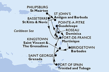 Martinik, Guadeloupe, Dominika, Svatý Martin, Antigua a Barbuda, Svatý Kryštof a Nevis, Barbados, Svatý Vincenc a Grenadiny, Trinidad a Tobago, Grenada z Fort-de-France na lodi MSC Meraviglia