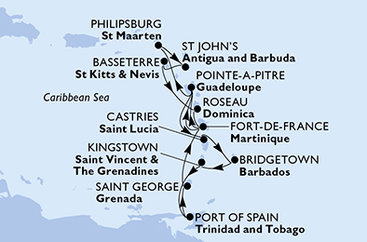 Barbados, Svatý Vincenc a Grenadiny, Trinidad a Tobago, Grenada, Martinik, Guadeloupe, Svatý Martin, Antigua a Barbuda, Svatý Kryštof a Nevis, Dominika, Svatá Lucie z Bridgetownu na lodi MSC Meraviglia