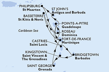 Barbados, Svatý Vincenc a Grenadiny, Grenada, Martinik, Guadeloupe, Antigua a Barbuda, Svatý Martin, Dominika, Svatý Kryštof a Nevis, Svatá Lucie z Bridgetownu na lodi MSC Meraviglia