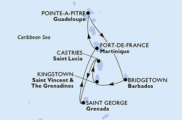 Guadeloupe, Barbados, Svatý Vincenc a Grenadiny, Svatá Lucie, Grenada, Martinik z Pointe-à-Pitre na lodi MSC Meraviglia