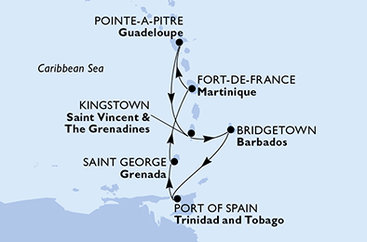 Martinik, Guadeloupe, Svatý Vincenc a Grenadiny, Barbados, Trinidad a Tobago, Grenada z Fort-de-France na lodi MSC Meraviglia