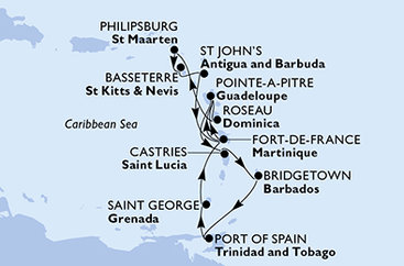 Barbados, Trinidad a Tobago, Grenada, Martinik, Guadeloupe, Dominika, Svatý Martin, Svatý Kryštof a Nevis, Antigua a Barbuda, Svatá Lucie z Bridgetownu na lodi MSC Meraviglia