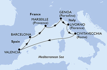 Španělsko, Francie, Itálie z Valencie na lodi MSC Lirica