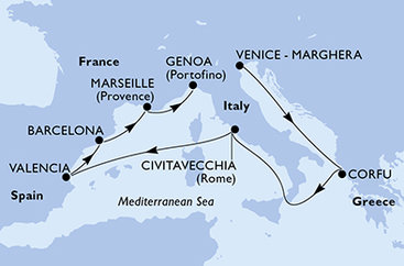 Itálie, Řecko, Španělsko, Francie z Marghery na lodi MSC Lirica