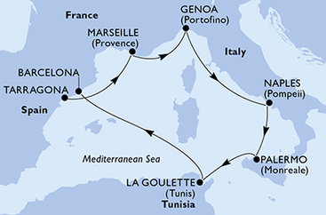 Španělsko, Francie, Itálie, Tunisko z Tarragony na lodi MSC Euribia