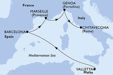 Malta, Španělsko, Francie, Itálie z Valletty na lodi MSC World Europa