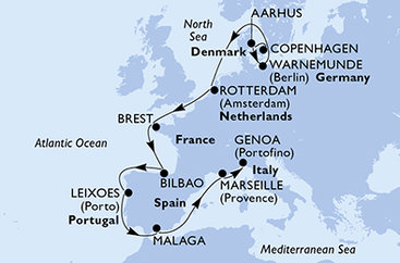 Dánsko, Německo, Nizozemsko, Francie, Španělsko, Portugalsko, Itálie z Kodaně na lodi MSC Magnifica