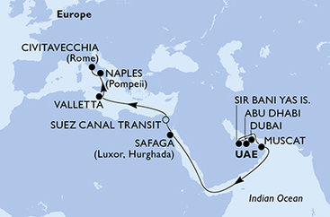 Spojené arabské emiráty, Omán, Egypt, Malta, Itálie z Dubaje na lodi MSC World Europa